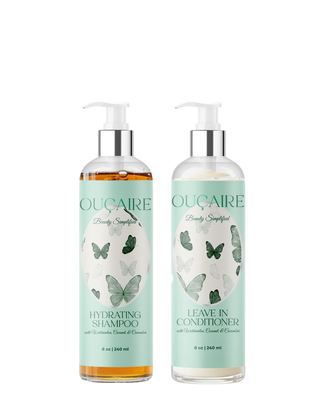 Hydrating Shampoo and Leave In Conditioner bottles on white background